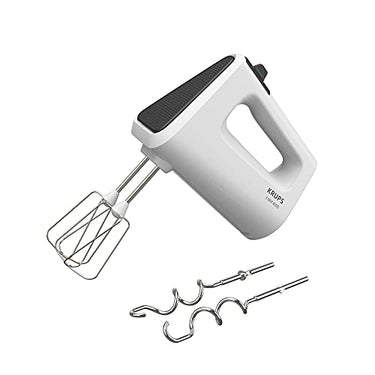 Krups 3 Mix 4000 Handmixer, 450 Watt, robustes Design, variabler Geschwindigkeitsregler, Turbo- und Auswurf-Funktion, inkl. 2 Rührbesen und 2 Knethaken, weiß/grau, GN4001 im Sale